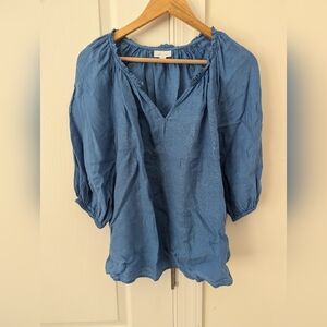 J. Jill Love Linen Womens Top Blue V Neck Short Sleeve Ruffle Size Small Shirt
